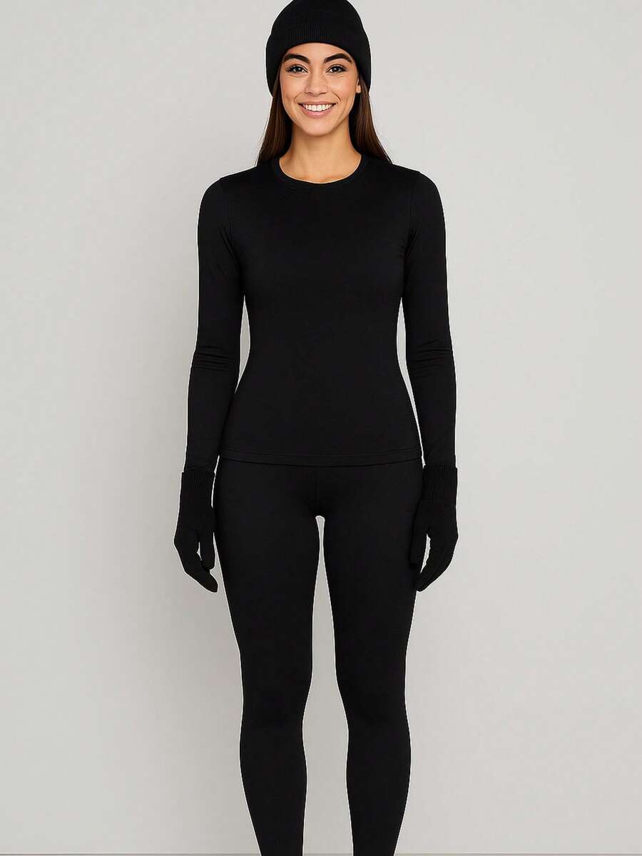 Complete Unisex Winter Thermal Kit – Top + Pants + Hat + Touch Gloves | Slim And Plus Size Flannel Second Skin - 黑色 - 查看 1