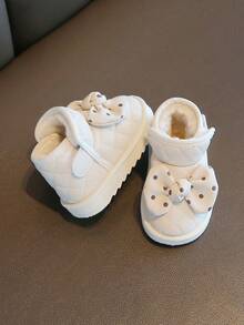 1双幼儿蝴蝶结装饰合成革圆头中帮魔术贴平底可爱婴儿/幼儿靴，适合冬季室内/室外穿着，请根据实际脚长选择尺码 - 米色 - 查看 3