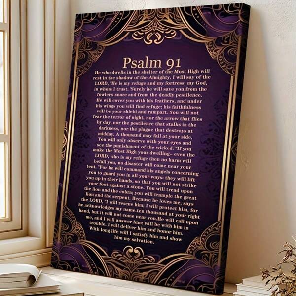 1pc Extra Large Wooden Frame Canvas Wall Art, Art Deco Psalm 91 Bible Verse Print, Purple And Gold Ornate Religious Design, Ready To Hang Christian Quote Artwork For Living Room, Bedroom, Home Office, Church Decor, Modern Inspirational Home Wall Decoration
