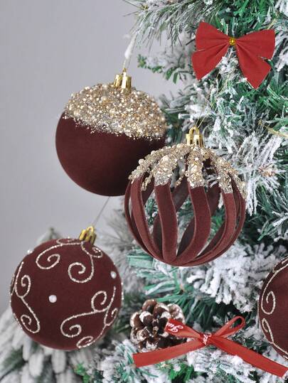 9PCS/3.152inch Velvet Christmas Tree Balls Ornaments Set, Mixed Shatterproof Glitter Xmas Tree Flowers Hanging Balls Stars For Christmas New Year Home Decorations Christmas Decorations Room Decor Winter