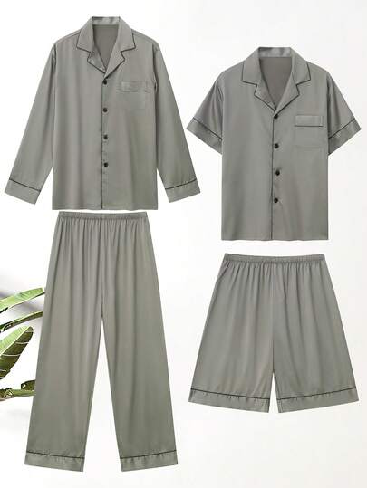 4pcs Men's Fashion Casual Long Sleeve/Short Sleeve Single-Breasted Top And Shorts/Pants Pajama Set, Warming