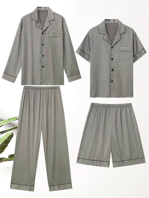 4pcs Men's Fashion Casual Long Sleeve/Short Sleeve Single-Breasted Top And Shorts/Pants Pajama Set