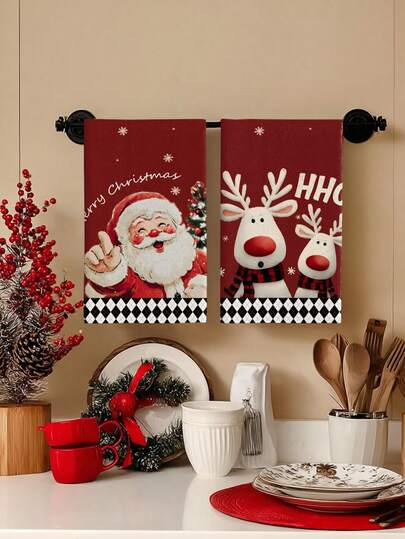 2pcs/4pcs/12pcs Christmas Santa Claus & Reindeer Pattern Kitchen Towels, Christmas Festive Pattern Bathroom Towels, Christmas Outdoor Party Towels, Christmas Home Decor, Christmas Kitchen Decor, Modern Style, Quick Dry, Super Soft Microfiber Material, Rectangular, 15.75IN*23.62IN/40*60CM Digital Printing Pattern, Suitable For Outdoor Party Decoration, Christmas Holiday Gifts