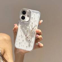 Butterfly 1pc Transparent TPU Anti-Drop Phone Case, Single Electroplated Silver Lens Frame Protective Cover, DIY Rhinestone Bow Pattern Phone Case, Luxury Rhinestone Suitable As Gift For Loved Ones, Compatible With IPhone 16 Pro Max, 15 Plus, 14 Pro, 13, 12 Pro, 11