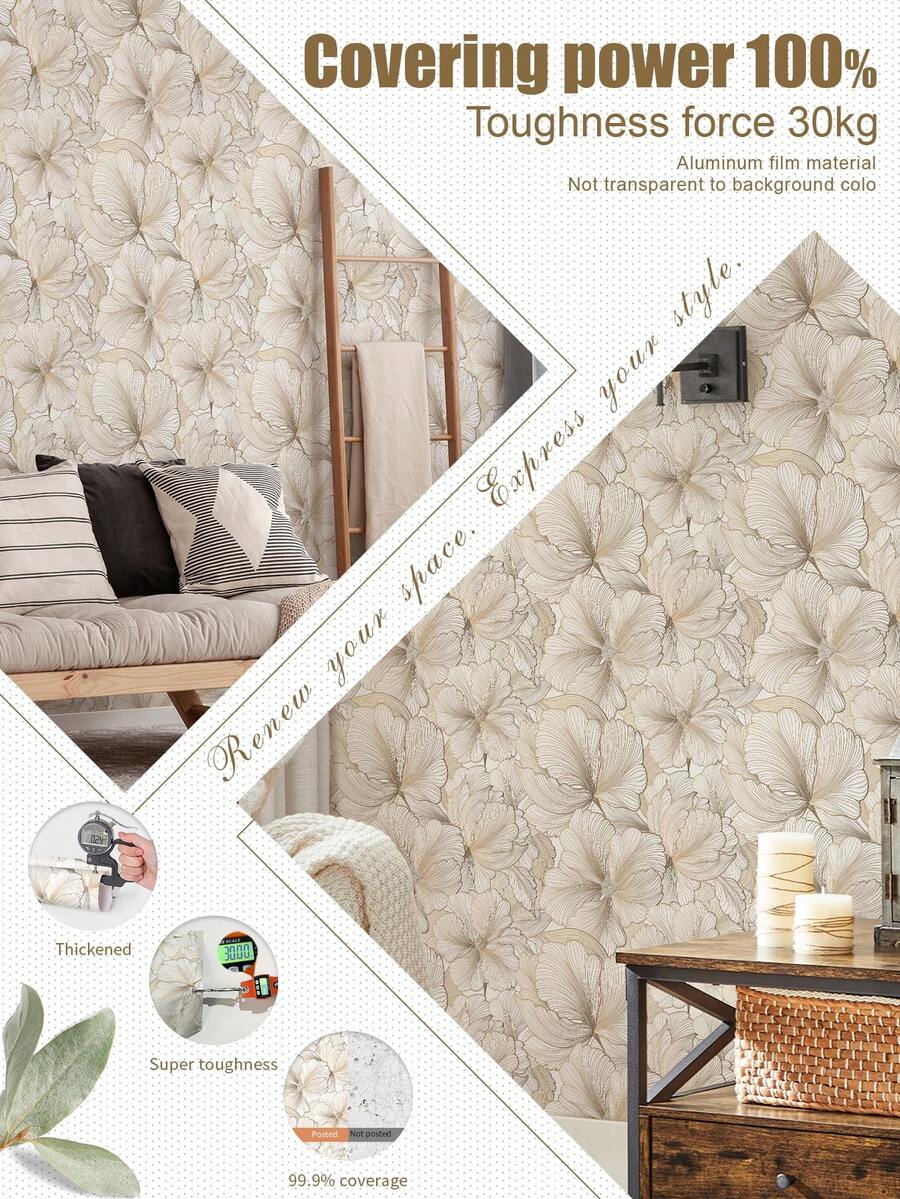 1 Roll 1m/3m/5m Vintage Beige Floral Minimalist Modern Art Style Wallpaper, Suitable For Home Renovation, Room Decor, Cabinet Refurbishing, Bathroom Decor, Vinyl Wall, Aluminum Foil Wallpaper, Non-Transparent Background, Covering Stains And Flaws, Flexible And Tear-Resistant, Easy To Clean, Self-Adhesive Wallpaper Wall Paper Wall Stickers Wall Decor Wallpaper Peel And Stick