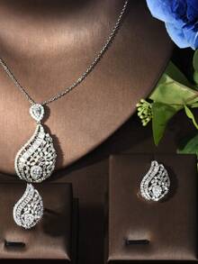 1 Set Luxus Schmuckset mit kubischen Zirkonia Wassertropfen Dekor, 3 Teile, geeignet als Geburtstagsgeschenk für Frauen