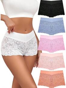 Lace Boy Shorts Cheeky Panties Breathable Womens Underwear Stretch Cotton Waistband Underwear Women 5 Pack - D-多色(5個裝) - 查看 1