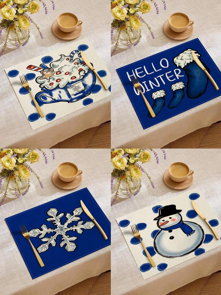 4 buc/6 buc/60 buc Covorașe decorative de Crăciun, Covorașe din in cu fulgi de zăpadă și oameni de zăpadă, Covorașe rezistente la murdărie, Potrivite pentru casă, sufragerie și restaurant, Decor de masă, Articole pentru casă