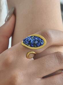 1pc Elegant Oval Textured Natural Stone Jewelry, Geometric Criss-Cross 18K Gold Plated Stainless Steel Adjustable Ring, Suitable For Women, Couples, Daily Wear, Parties, Halloween, Gifts For Friends