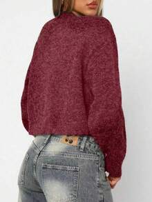Chaqueta de punto tipo cárdigan de cuello redondo minimalista de un solo botonadura y color liso, nueva colección de otoño - Rosa Fucsia - Ver 3