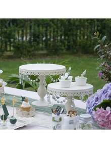 3Pcs Antique Cake Stand Set - Round Metal Cupcake Stands With Pendants And Beads - Elegant Dessert Display, For For Wedding, Birthday Party Decor, Gold/Champagne/Cream White,Holiday Decor,Christmas Gifts - trắng - Xem 4