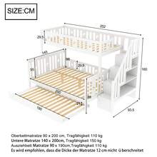 Letto per bambini 90x200 cm, letto a castello in legno massello con scala e letto estraibile, rete a doghe, ampio spazio di archiviazione, bianco