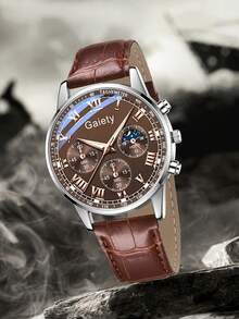 1pc Men's Brown Leather Band Business Casual Quartz Watch With Roman Numeral Dial, Suitable For Daily Wear Or Holiday Events - Brown - View 3