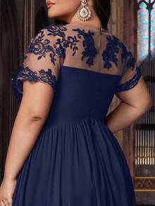 Classic Design Plus Size Women Solid Color Applique Sequins Patchwork Short Sleeve Gown Dress, Valentine's Day Wedding Spring Party - Navy Blue - View 7