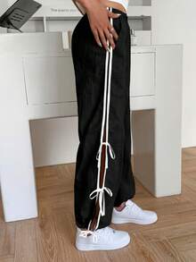 Fisoew Womens Wide Leg Track Pants Casual Elastic Waist Bow Tie Y2K Baggy Sweatpants With Pockets - 黑色 - 查看 2