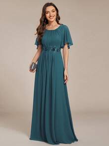 优雅刺绣荷叶袖褶皱雪纺伴娘礼服、正式礼服、婚礼宾客礼服 - 水鴨藍 - 查看 7