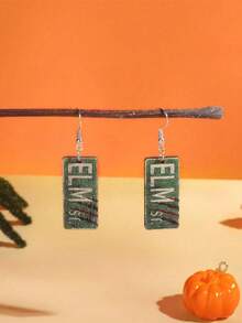 1 Pair Retro Rectangular Wooden Letter Print Earrings, Halloween Horror Style Earrings Accessories For Women
