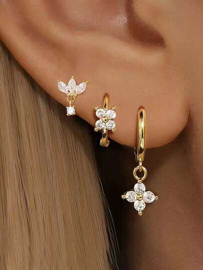 3 pièces/set pour un seul oreille, ensemble de boucles d'oreilles à fleurs en zircone pour femmes, boucles d'oreilles en or 18 carats plaqué, hypoallergénique, pour tragus, hélix, cartilage, pour un port quotidien