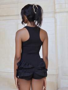 Mima John Women's Solid Color Square Neck Sleeveless Wide Strap Ruffle Hem Layered Jumpsuit - Black - View 6