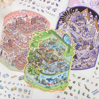 3 Sheets Miniature Landscape Stickers, Fairy Tale Series, Cute Style Student 3D Decorative Material Stickers, 3 Sheets Pet Stickers + 1 Sheet Scene Cardboard