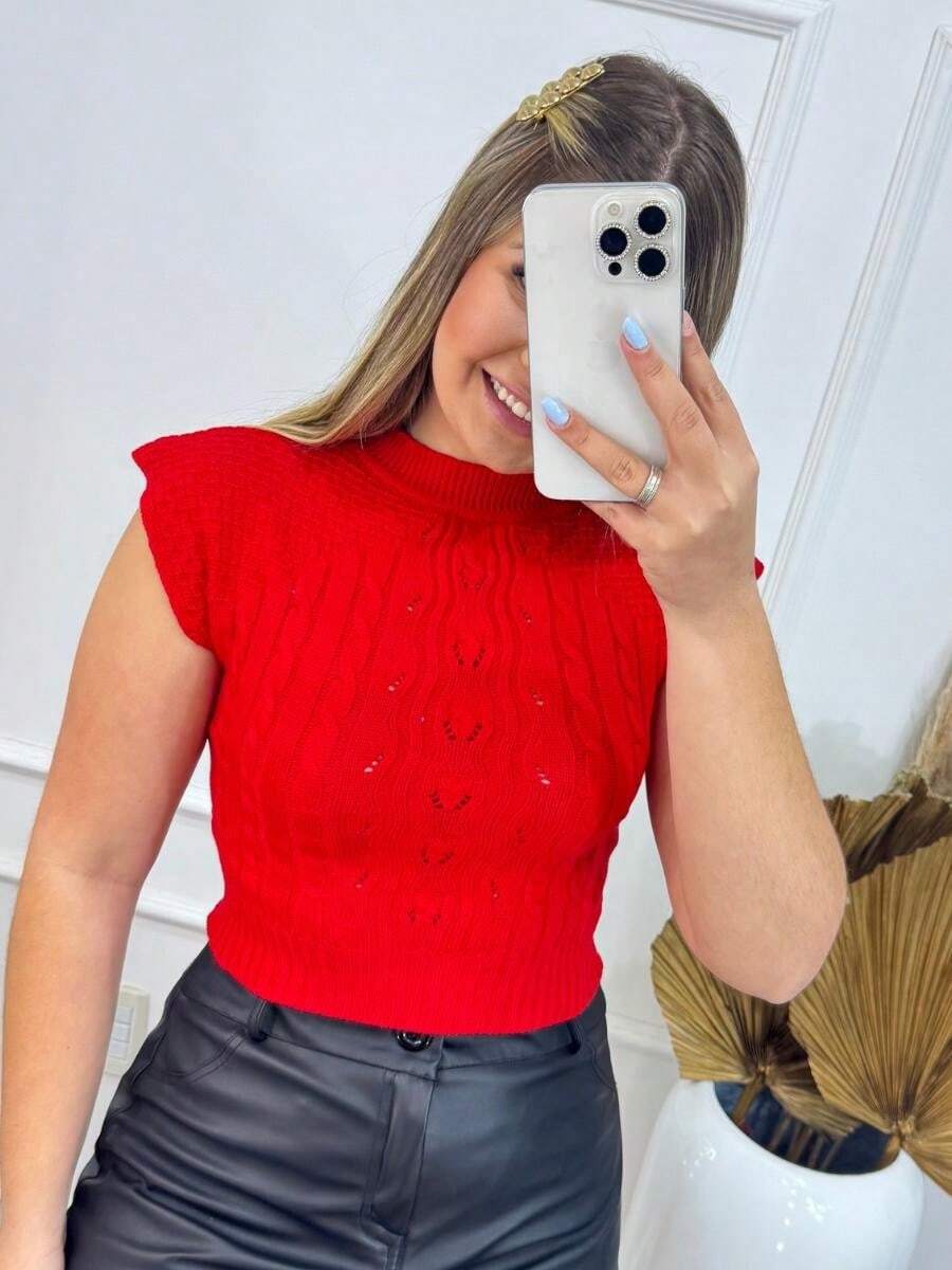 Blusa Feminina Estilosa Cropped Tricot Vermelho Modal Texturizado Gola Alta AURORA Sem Manga Tamanho 36-42