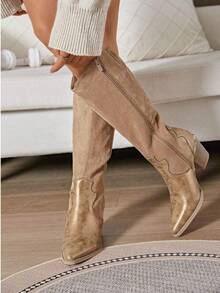 VIKIVIKI SHOES Women's Tall Cowboy Boots, Long Shaft, Elegant Design, Fine Toe, Wide Heel, Durable Sole, Comfortable For Casual Wear Or Special Events. Estimated Delivery: 1-3 Business Days (Peninsula). - 駝色 - 查看 2