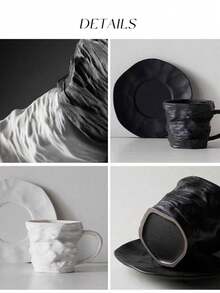 1 Set Ceașcă de cafea și farfurioară de înaltă calitate cu design plisat, Cană ceramică creativă, Ceașcă de cafea și farfurioară de nișă rafinată, Model european de piatră, Cană ceramică de uz casnic, Ceașcă ceramică luxoasă alb-negru, De înaltă calitate, Potrivită pentru birou, restaurant, cafenea, sufragerie, acasă, Poate fi oferită și ca dar de sărbători prietenilor sau familiei, Cadou de Crăciun