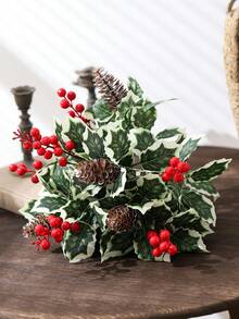 3 Stücke künstliche Weihnachts-Faux-Pflanzen, beinhaltet Stechpalmenbeeren, Tannenzapfen, grüne Blätter, Fake Weihnachtsbaum Zweige, Blumenstiele, geeignet für Blumenvasen, Weihnachts-Feiertags-Dekoration