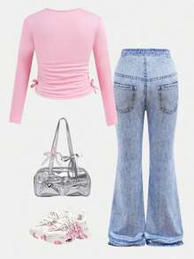 Tween Girl Butterfly Print Round Neck T-Shirt And Digital Print Pants Set - Pink - View 2