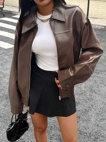 DEEKA Women's Fashion Minimalist Turndown Collar Long Sleeve Faux Leather Bomber Jacket, Autumn/Winter