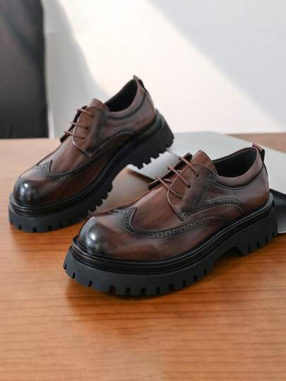 Classic Retro Brogue Carved Men's Business Casual Leather Shoes, Versatile Thick Sole Elevator Formal Dress Shoes For Work And Commute Wedding Accessories