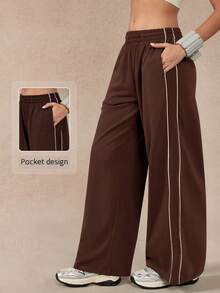 NcmRyu 1 chiếc quần nỉ nữ dáng rộng phối màu thời trang mùa xuân - Màu nâu Sô-cô-la - Xem 3