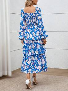 Women's Fall Floral Maxi Dresses Casual Long Sleeve Square Neck Flowy Tiered Layer Ruffle Boho Dress Vacation Holiday Wedding Guest Cocktail Outfits Clothes - 藍色白色花 - 查看 2