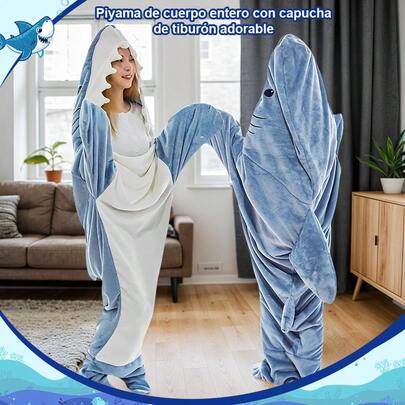 Pijama Unisex Entero Tiburón Cartoon (4 Colores), Franela Caliente Otoño-Invierno, Disfraz Halloween/Navidad, Ropa de Hogar Parejas & Regalo Dormir