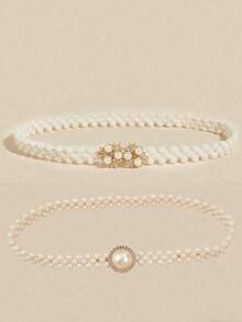 2pcs Women Pearl Elastic Waist Chain, Gold Flower Bow Waist Belt, Suitable For Evening Dress, Gown, Party, Wedding, Mother's Day Gift