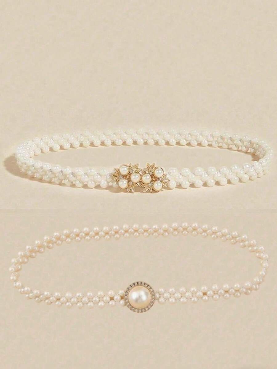 2pcs Women Pearl Elastic Waist Chain, Gold Flower Bow Waist Belt, Suitable For Evening Dress, Gown, Party, Wedding, Mother's Day Gift