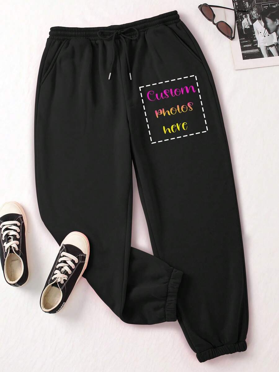 Autumn And Winter Fashion Sports Trousers, Custom Photo T-Shirts, Add Your Own Text And Pictures (Couple Photos/Girlfriend Photos/Family Photos/Selfies/Pet Photos/Friend Photos/Party Photos) To Design Your Own Personalized Sports Jogging Drawstring Trousers - Black - View 1