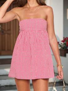 Women Summer Mini Bandeau Dress Off Shoulder Strapless Plaid Tube Top Dress With 2 Pockets - Red - View 2