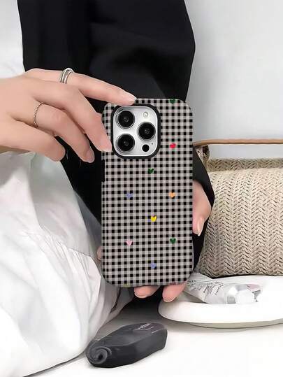 Minimalist Heart Striped Plaid Full Coverage Large Hole Anti-Drop Design Anti-Slip English Film Shell New Apple 17 Phone Case, Compatible With IPhone 16, 15, 14, 13, 12, 11, PRO MAX, PLUS Models