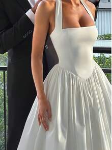 Women Solid Color Tutu Dress Elegant Tie-Up Halter Neck Pram Corset Dress Sleeveless Open Back Cross A-Line Long Tank Dress Party Cocktail Weeding Guest Dress - 白色 - 查看 5
