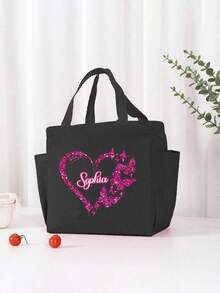 1 pieza Bolsa de almuerzo aislada con diseño personalizable de nombre y corazón, diseño de bolsillo doble, gran capacidad para lonchera de estudiante, forro de aluminio grueso - Negro - Ver 6