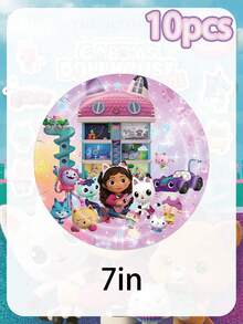 Temática de Gabby's Dollhouse - Vajilla desechable y artículos decorativos para fiestas, platos de papel de 7 pulgadas/9 pulgadas, vasos de papel, pañuelos, manteles, pancartas, adecuados para decoración de fiestas de cumpleaños y lugares de comida, decoración de fiestas y lugares de comida, amigos y familiares que aman la decoración de fiestas y reuniones de Gabby - Multicolor - Ver 9