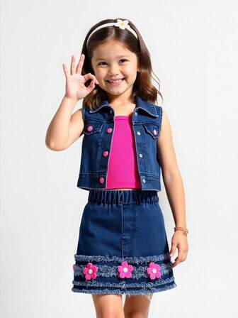 3pcs/Set Young Girl Cute Fashion Casual Washed Blue Denim Vest + Washed Blue Denim Mini Skirt With Frayed Hem & Pink Knitted Strap Top, Vintage Style & Charming Spring/Summer Outfit