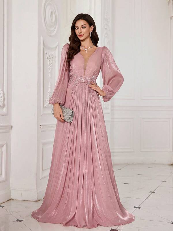 UNITHORSE Vestido largo de noche de mujer UNITHORSE de cuello en V, manga farol, imitación de rayón, con aplicaciones, ajustado