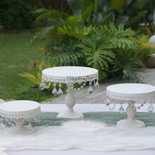 3Pcs Antique Cake Stand Set - Round Metal Cupcake Stands With Pendants And Beads - Elegant Dessert Display, For For Wedding, Birthday Party Decor, Gold/Champagne/Cream White,Holiday Decor,Christmas Gifts - trắng - Xem 5