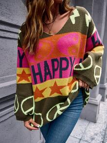 Women's Plus Casual Comfortable Romantic Retro Modern Commute Office Teacher Letter Knit Pullover Sweater, Suitable For Daily, Vacation, Airport, Country Music Festival, Back To School Party, Singles Party, Evening Date, Travel, College, Office Date, Sports & Fitness, Home, Spring, Autumn, Winter