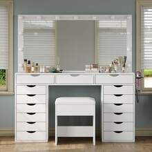 FUSOU 15 Drawers Vanity Desk With Mirror & 13 LED Lights, Makeup Table With Power Outlet, 3 Colour Modes, Adjustable Brightness, Glass Top Dressing Table For Bedroom, White - White - View 2