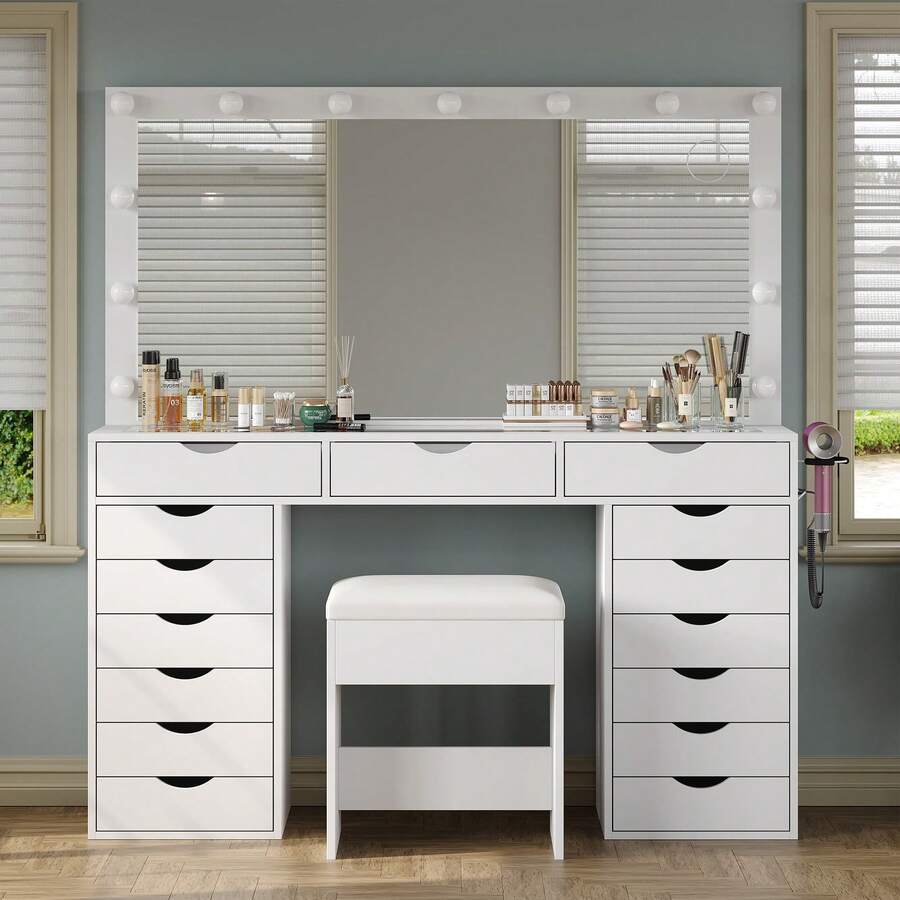 FUSOU 15 Drawers Vanity Desk With Mirror & 13 LED Lights, Makeup Table With Power Outlet, 3 Colour Modes, Adjustable Brightness, Glass Top Dressing Table For Bedroom, White