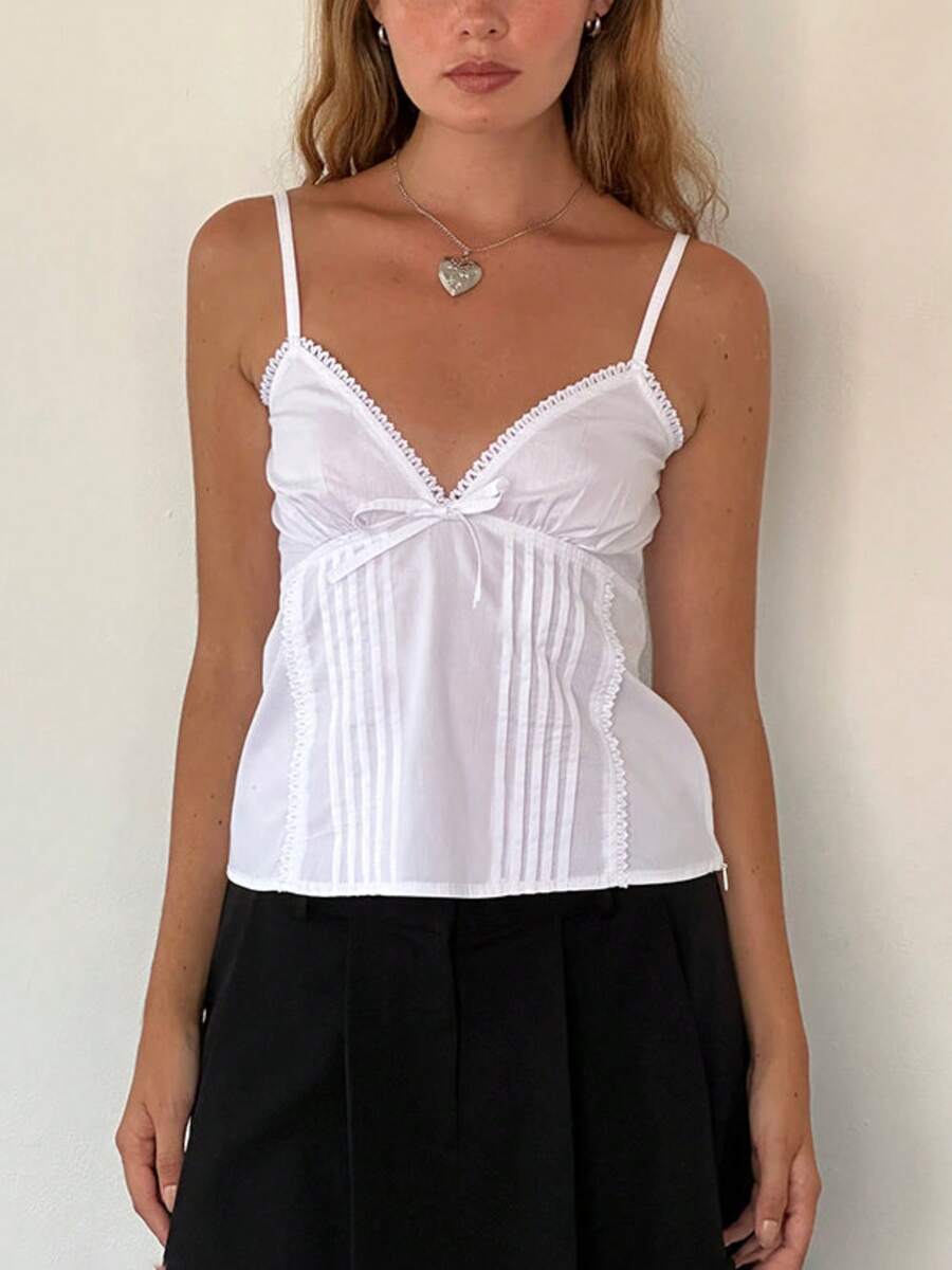 Women's Cute Bow Cami Tank Tops Summer Sleeveless V Neckline Camisole Y2K Plain Tank Tops Aesthetic Crop Tops - White - View 1