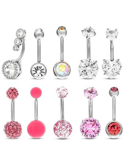 Bộ 10 khuyên rốn bằng thép không gỉ, khuyên rốn cơ bản bằng gốm mềm đính đá Zirconia, trang sức rốn unisex.